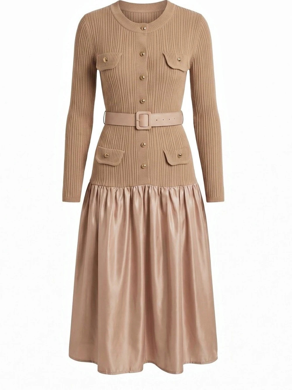 Ribbed-Knit Midi Dress in Beige